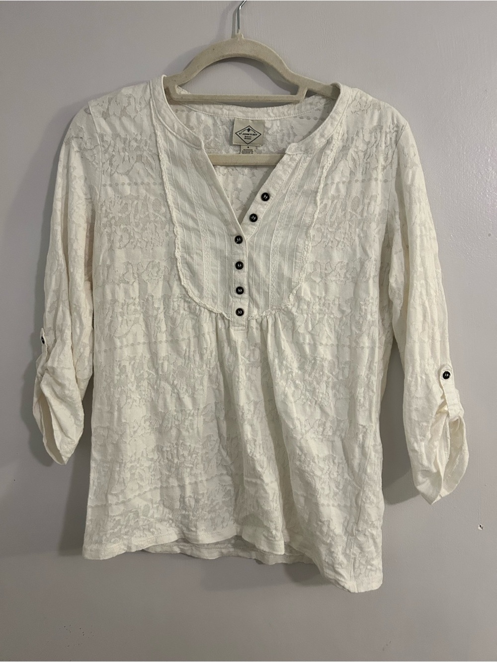 St. John's Bay Cream Lace-Texture Button Henley Shirt